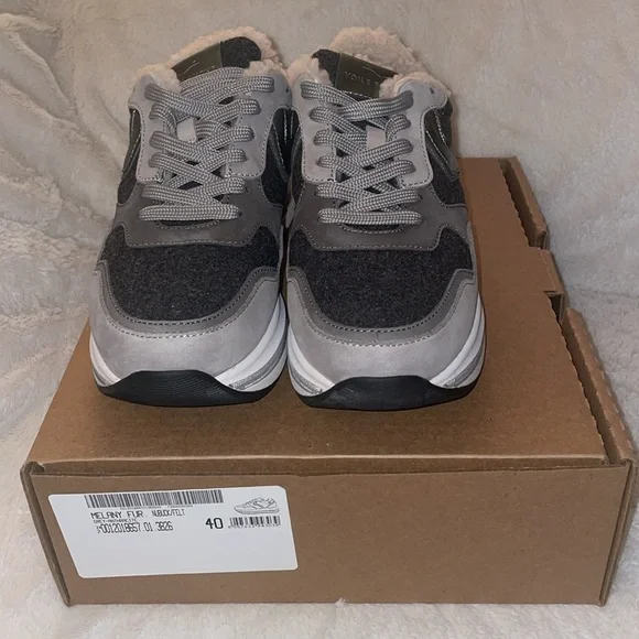 NWT VOILE BLANCHE MELANY FUR. Leather And Fabric Sneakers in Grey-Charcoal Grey - Picture 8 of 15